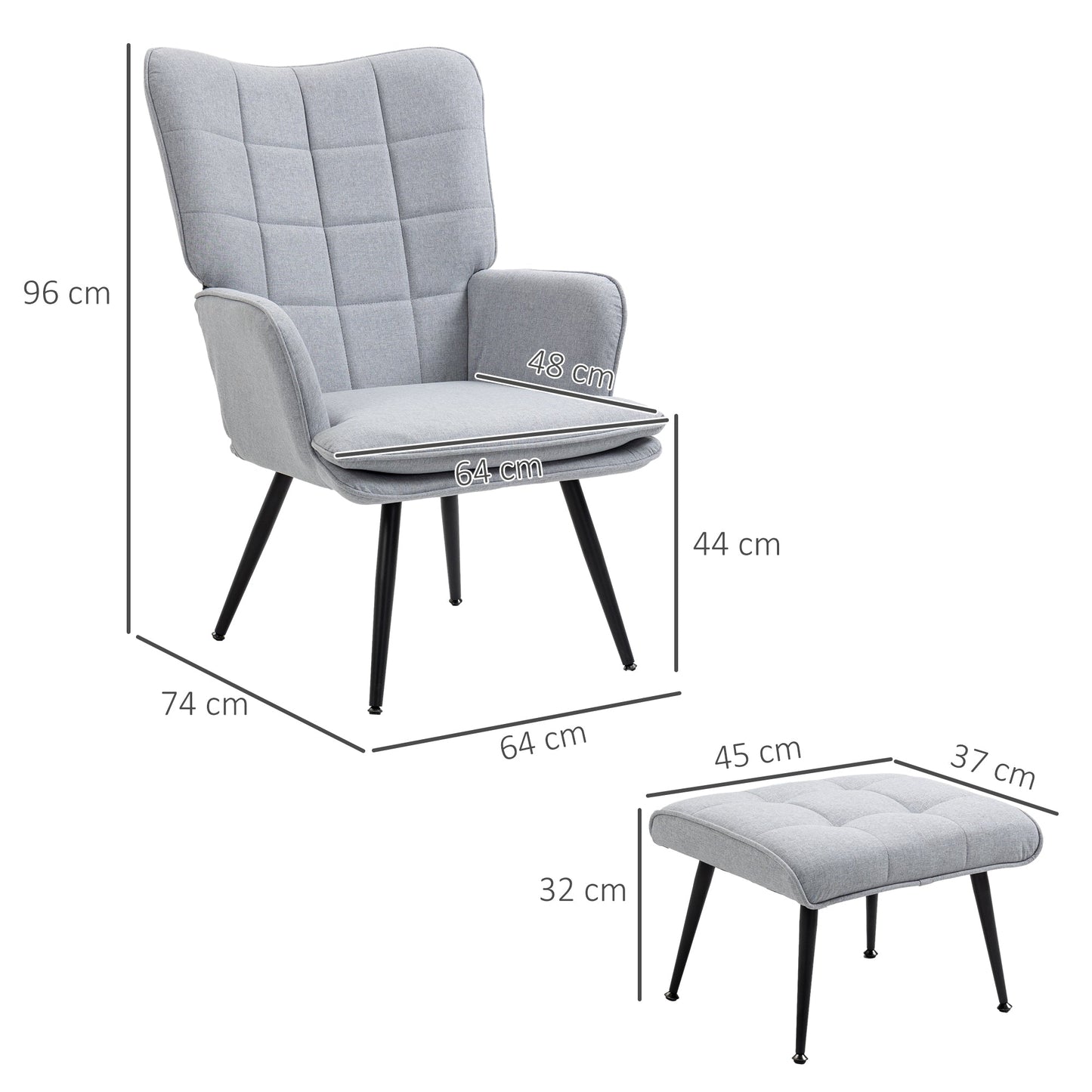 Comfortable Linen Wingback Armchair with Footstool - Light Grey-2