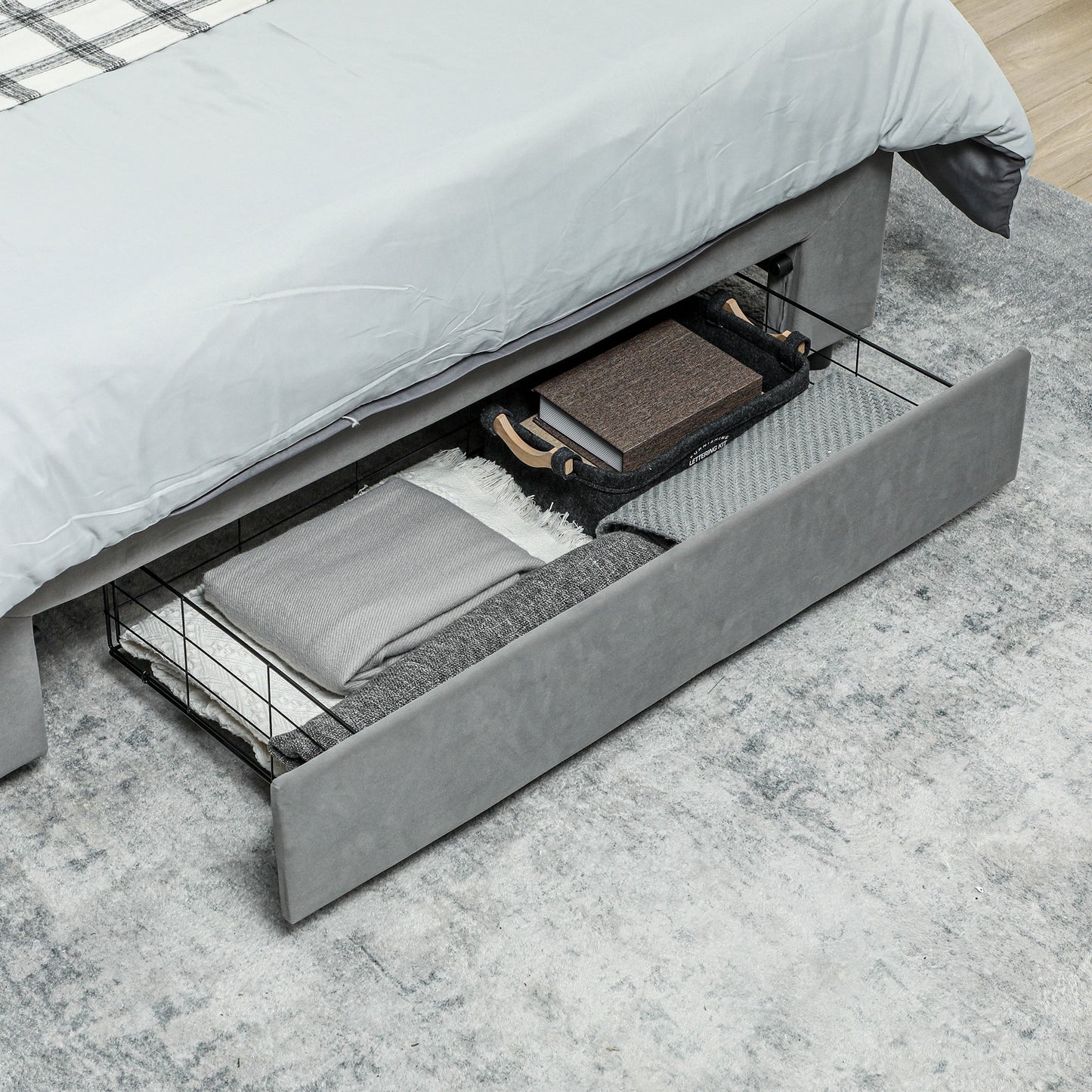 HOMCOM Double Size Ottoman Bed Frame, with Front Drawer in Grey-6