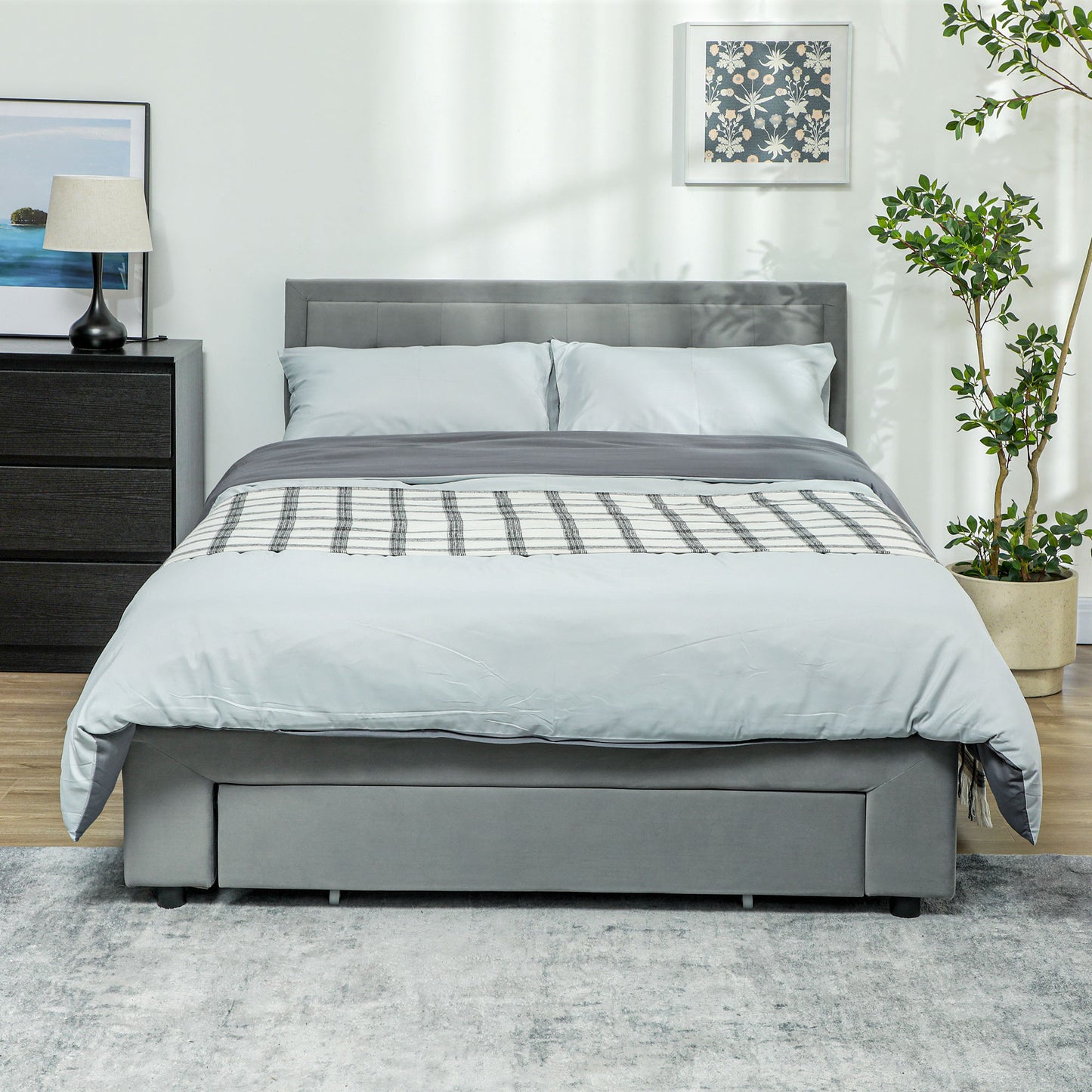 HOMCOM Double Size Ottoman Bed Frame, with Front Drawer in Grey-8