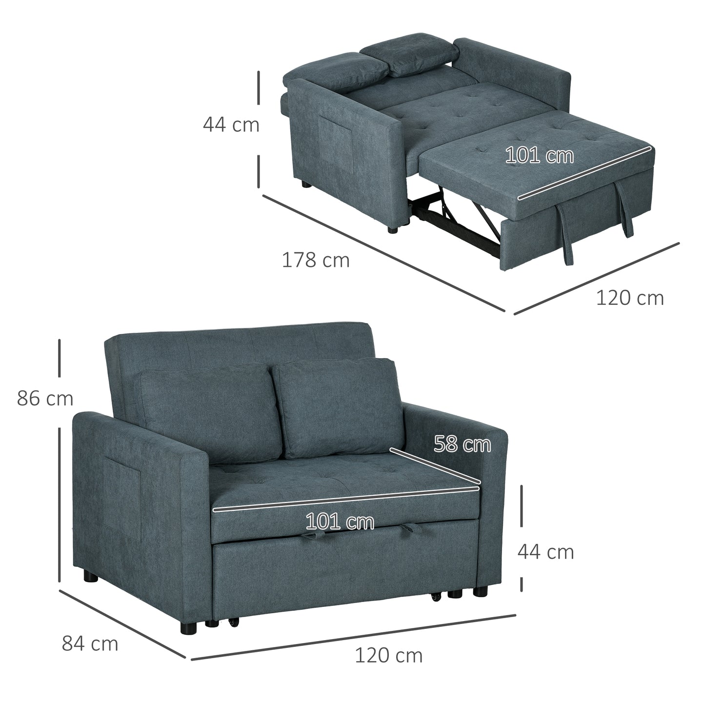 Living Room Loveseat Sofa Bed, Convertible Bed Settee with 2 Cushions, Side Pockets, Charcoal Grey by HOMCOM