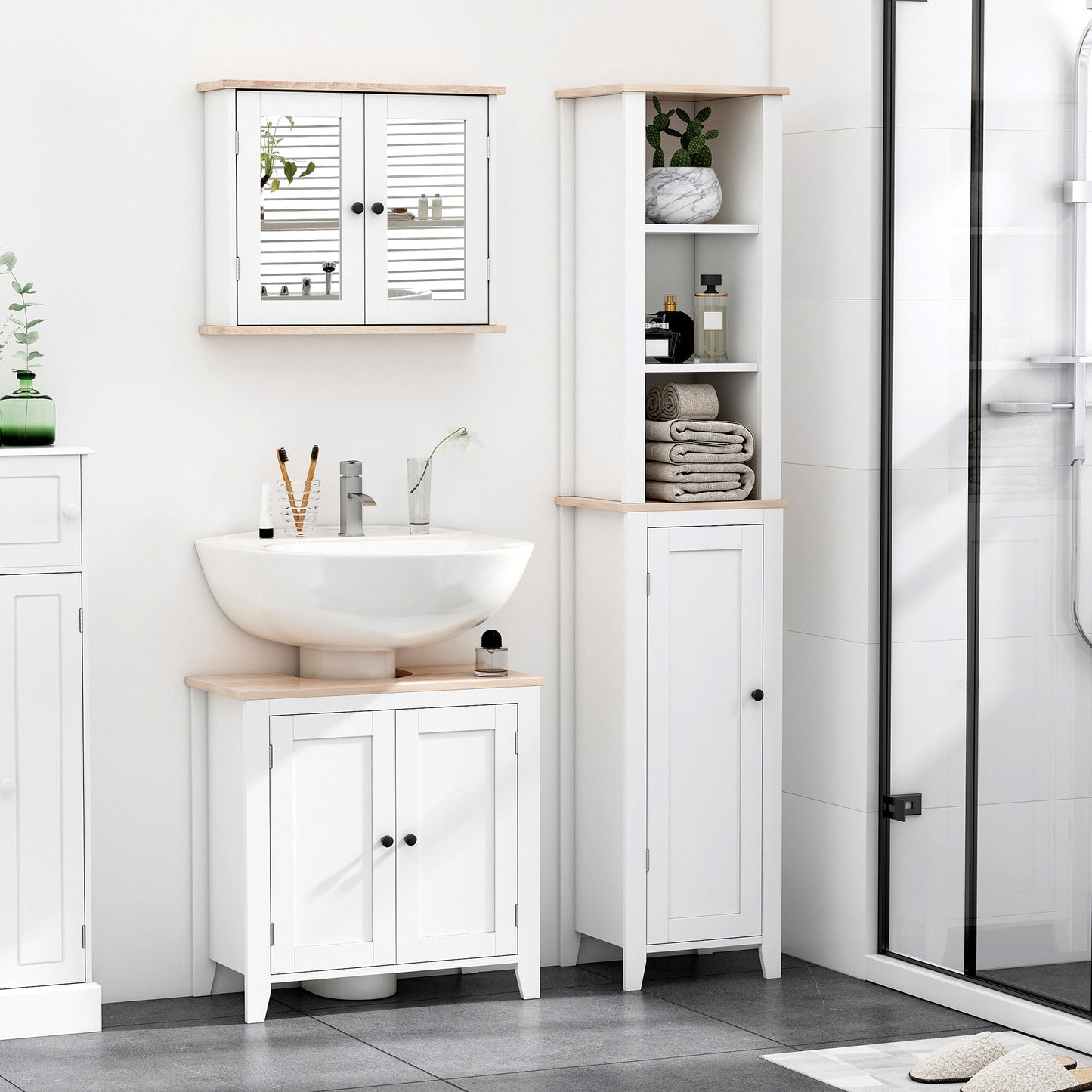Bathroom Furniture Set, Mirror Cabinet Wall Mounted with Adjustable Shelf, Bathroom Sink Cabinet with Storage, White and Wood Grain-1