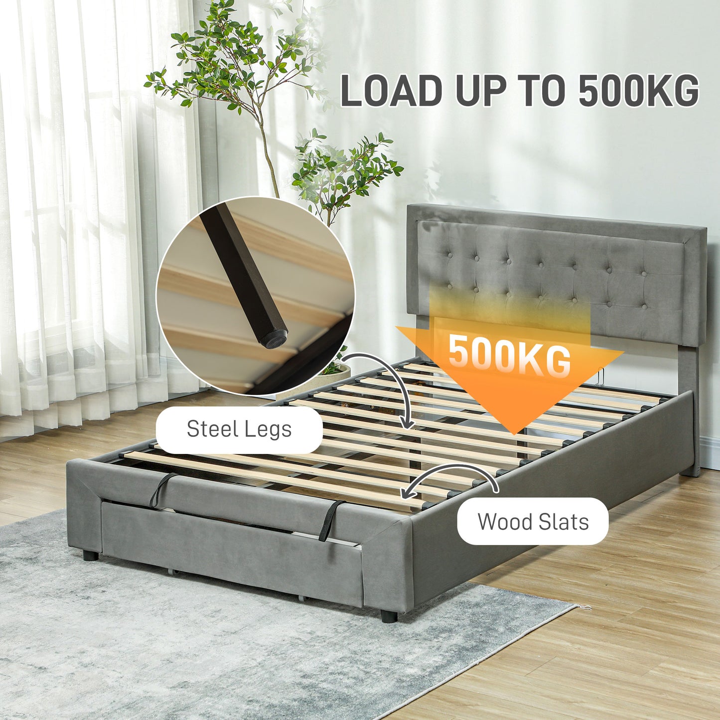 HOMCOM Double Size Ottoman Bed Frame, with Front Drawer in Grey-4