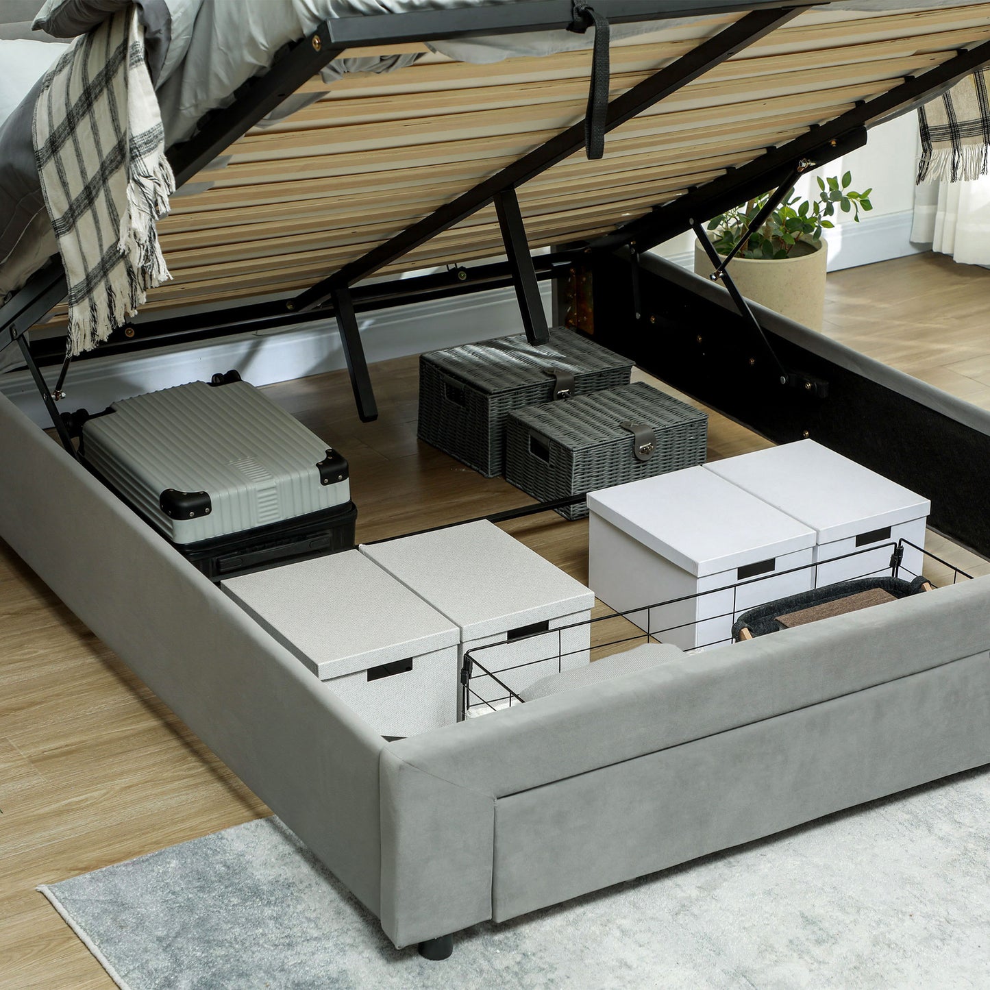 HOMCOM Double Size Ottoman Bed Frame, with Front Drawer in Grey-7