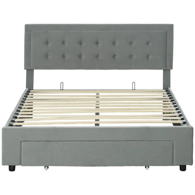 HOMCOM Double Size Ottoman Bed Frame, with Front Drawer in Grey-0