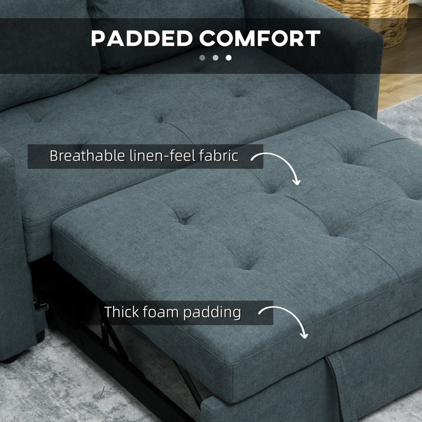 Living Room Loveseat Sofa Bed, Convertible Bed Settee with 2 Cushions, Side Pockets, Charcoal Grey by HOMCOM