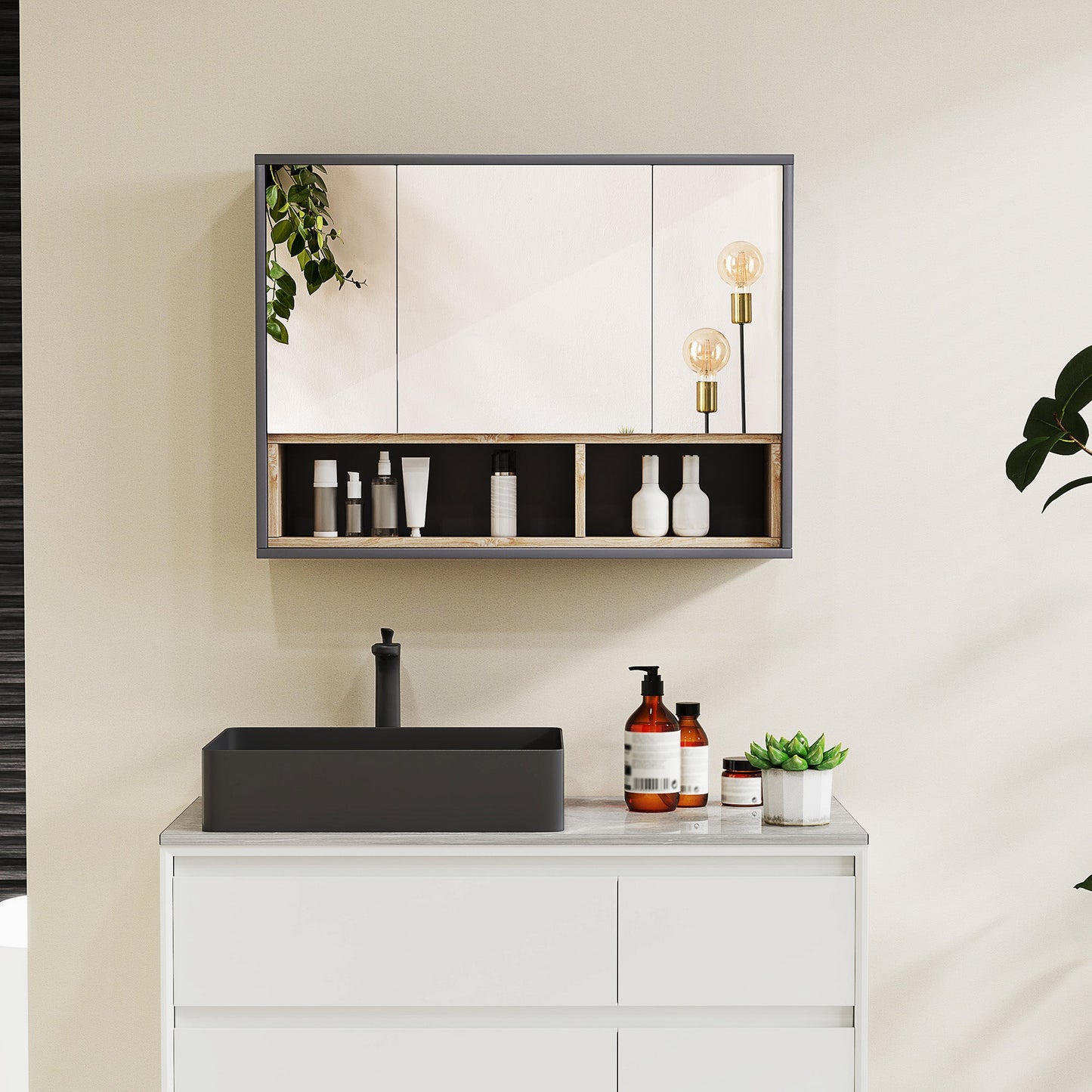 Bathroom Mirror Cabinet, Wall Mounted Bathroom Cabinet with Mirror, 3 Doors and Cupboards, Grey-1