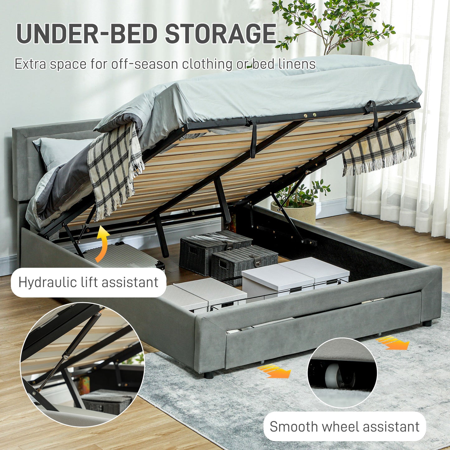 HOMCOM Double Size Ottoman Bed Frame, with Front Drawer in Grey-2
