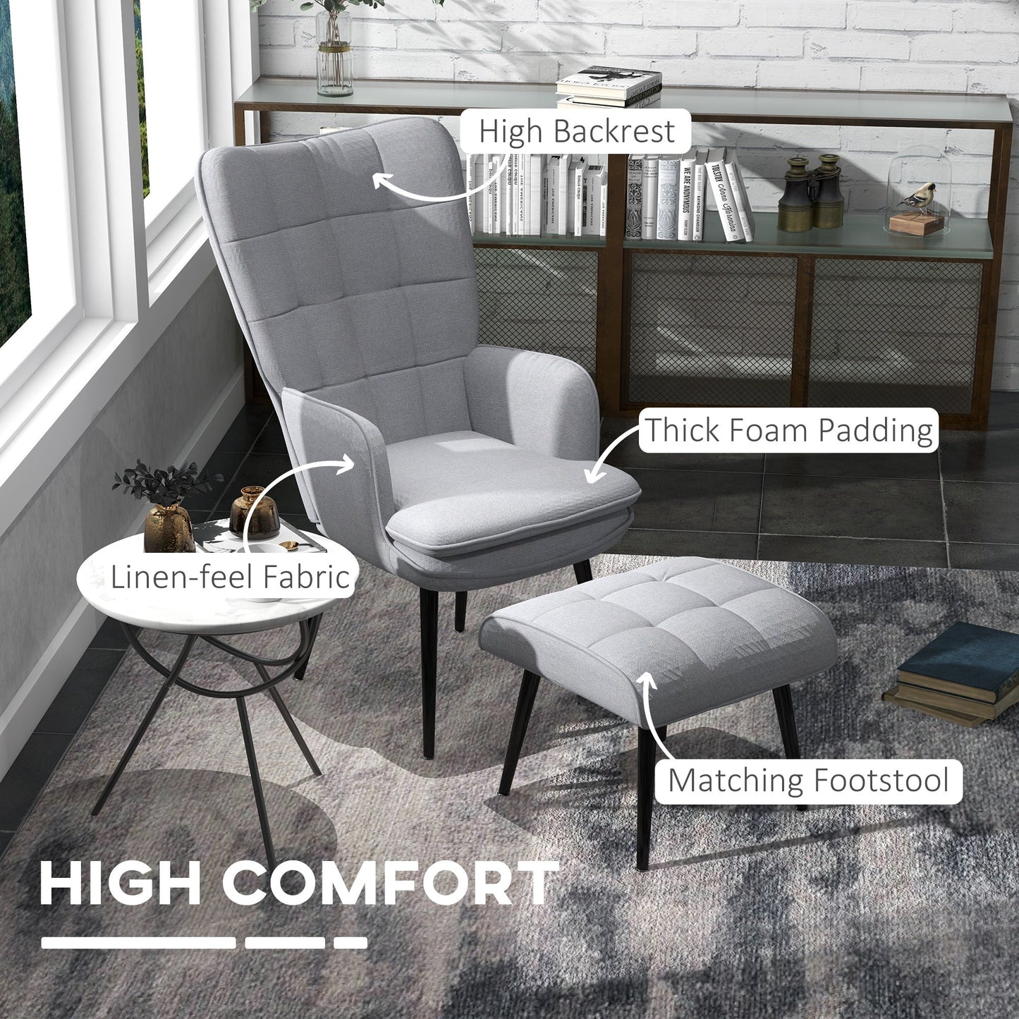 Comfortable Linen Wingback Armchair with Footstool - Light Grey-3