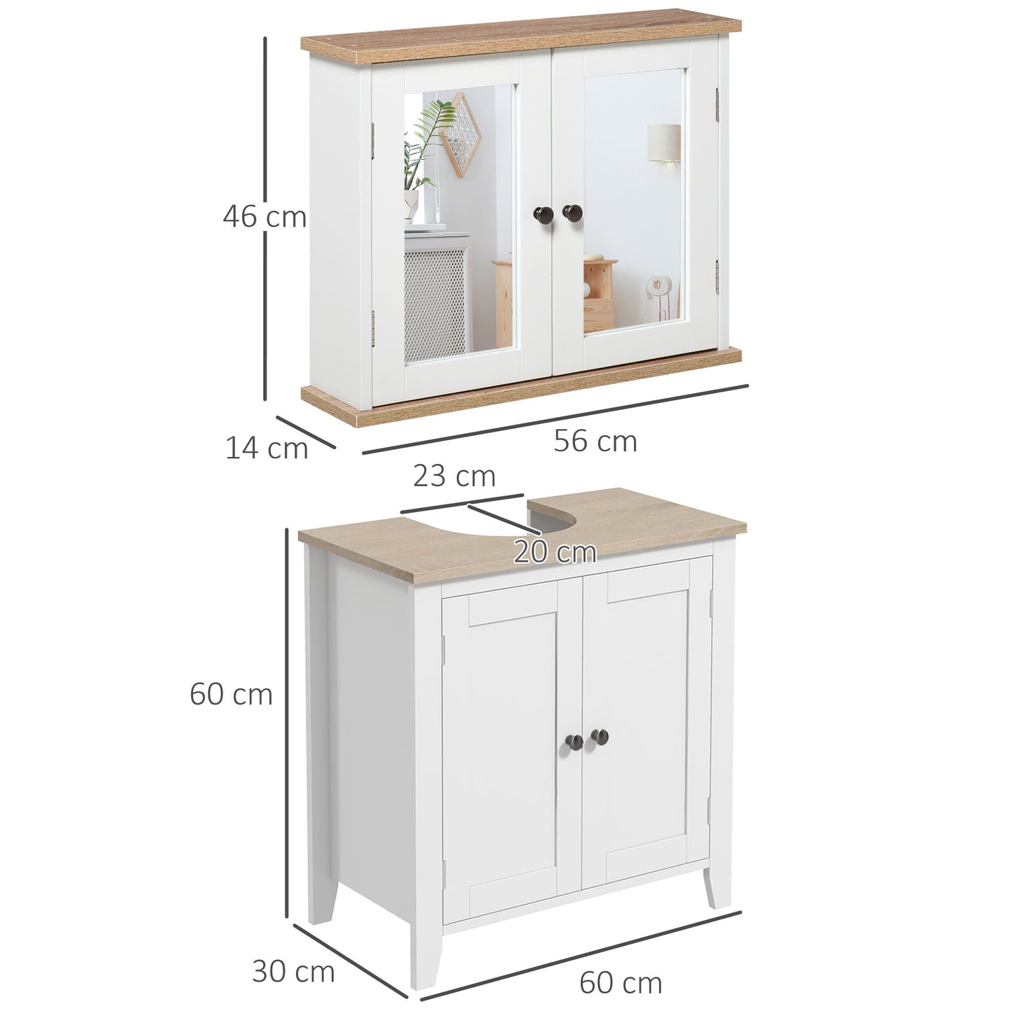Bathroom Furniture Set, Mirror Cabinet Wall Mounted with Adjustable Shelf, Bathroom Sink Cabinet with Storage, White and Wood Grain-2