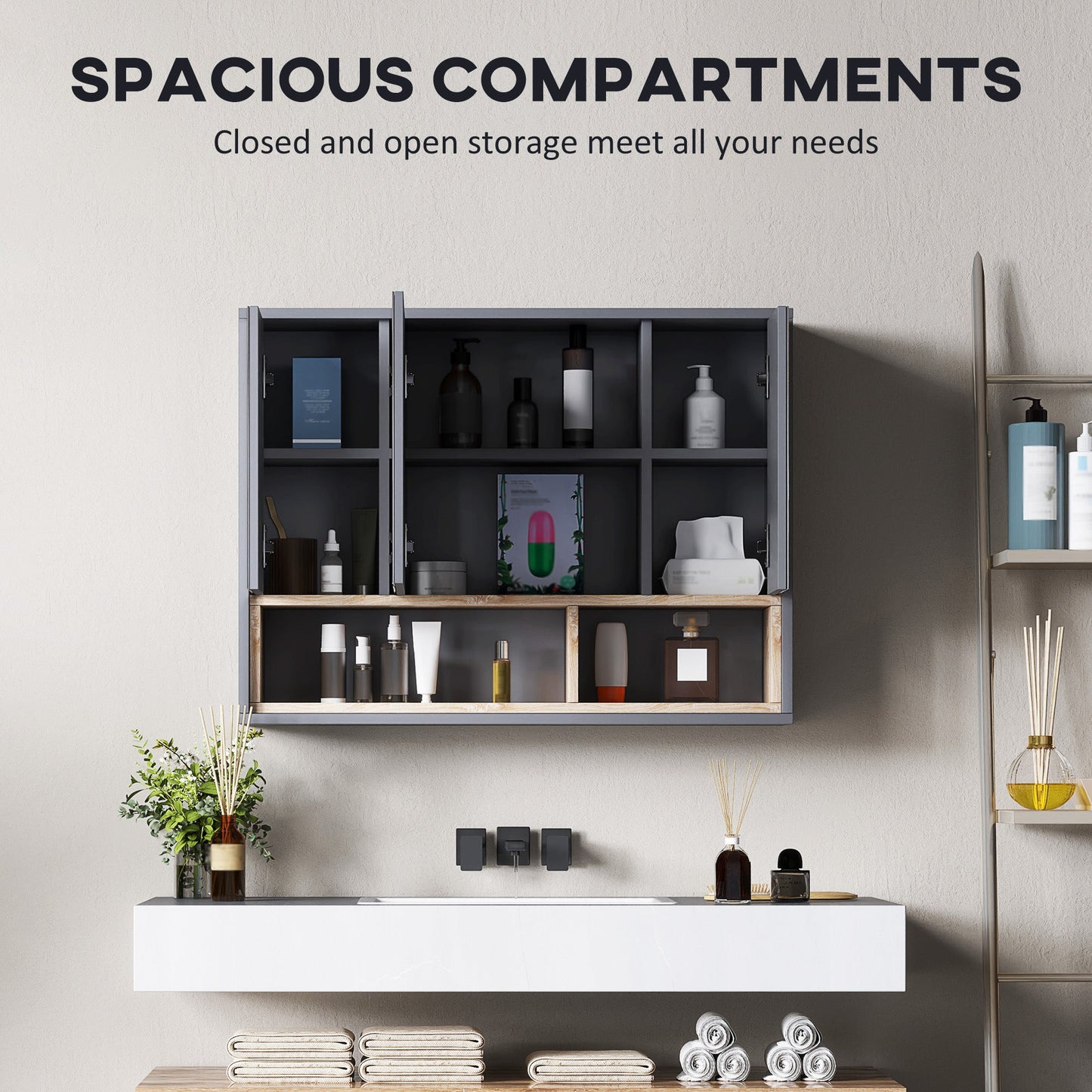 Bathroom Mirror Cabinet, Wall Mounted Bathroom Cabinet with Mirror, 3 Doors and Cupboards, Grey-3
