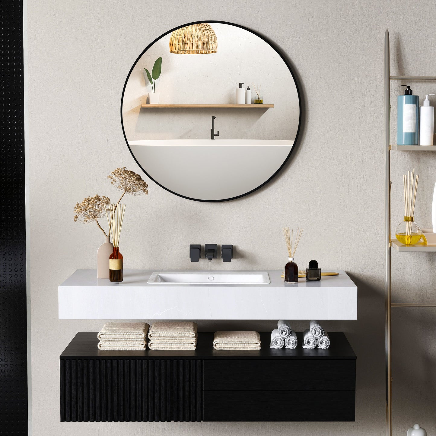 Round Bathroom Mirror, 70 x 70cm Steel Framed Wall Mirror, Decorative Mirror for Bedroom, Living Room, Entryway, Black-1
