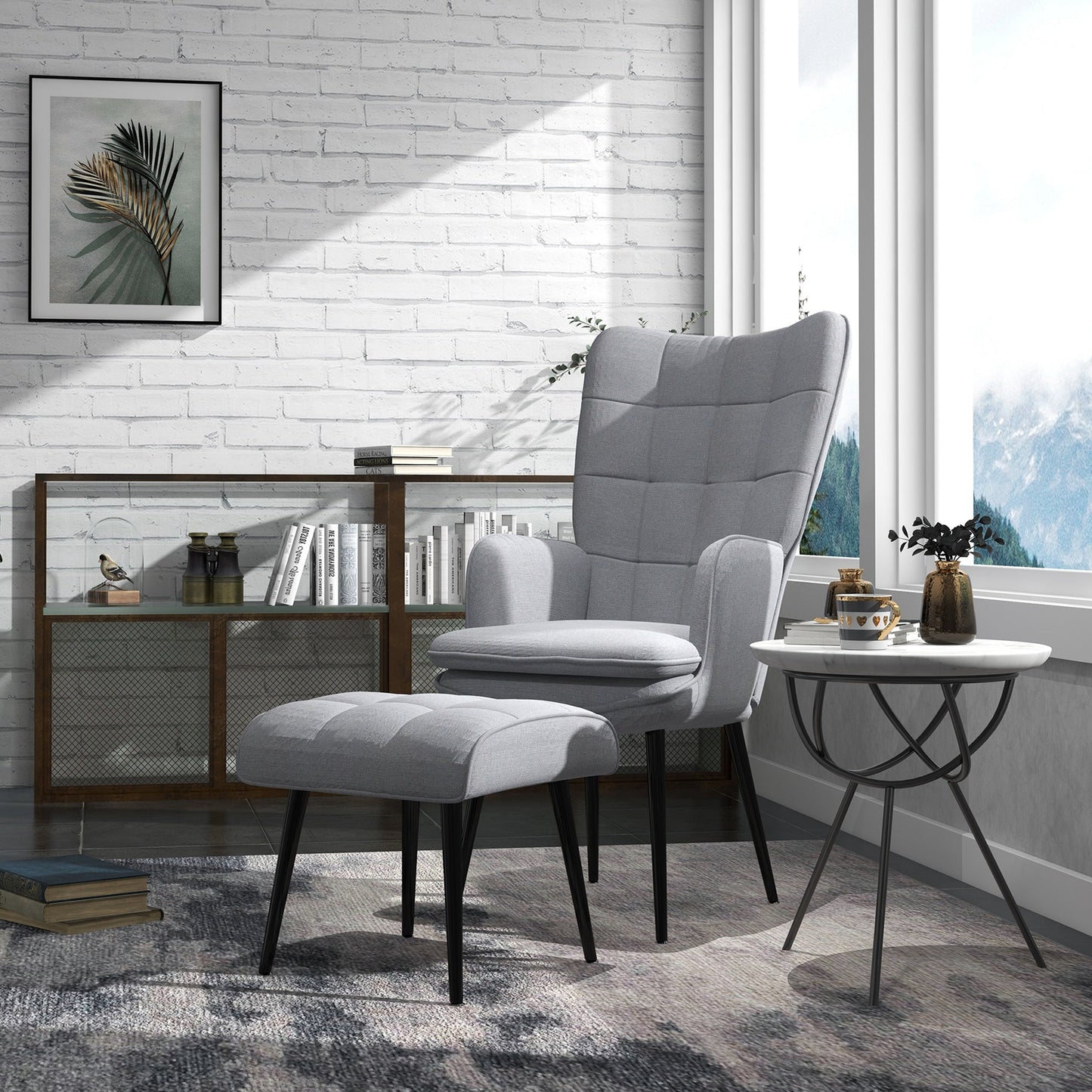 Comfortable Linen Wingback Armchair with Footstool - Light Grey-1
