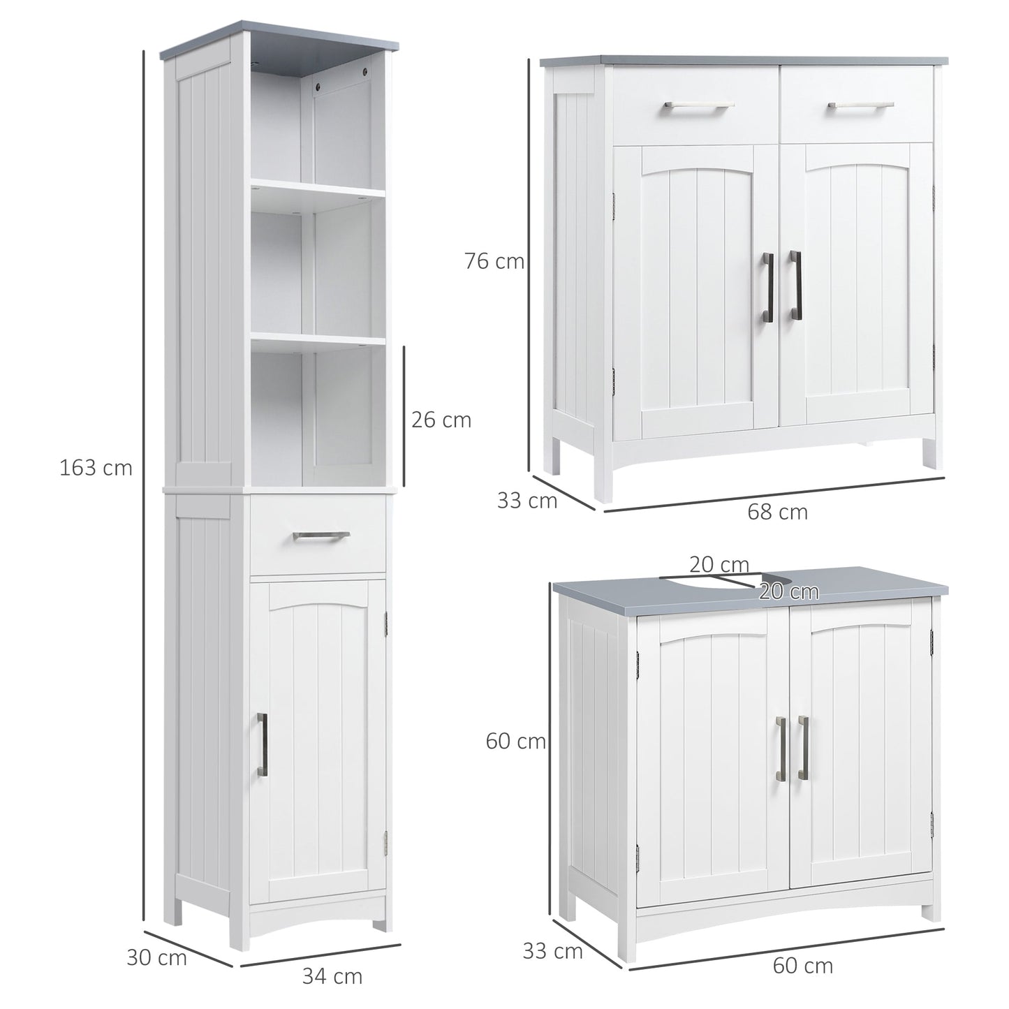 Bathroom Furniture Set with Adjustable Shelves, Tall Bathroom Storage Cabinet with Open Shelves, Bathroom Floor Cabinet with Drawers, Pedestal Sink Cabinet, White-2