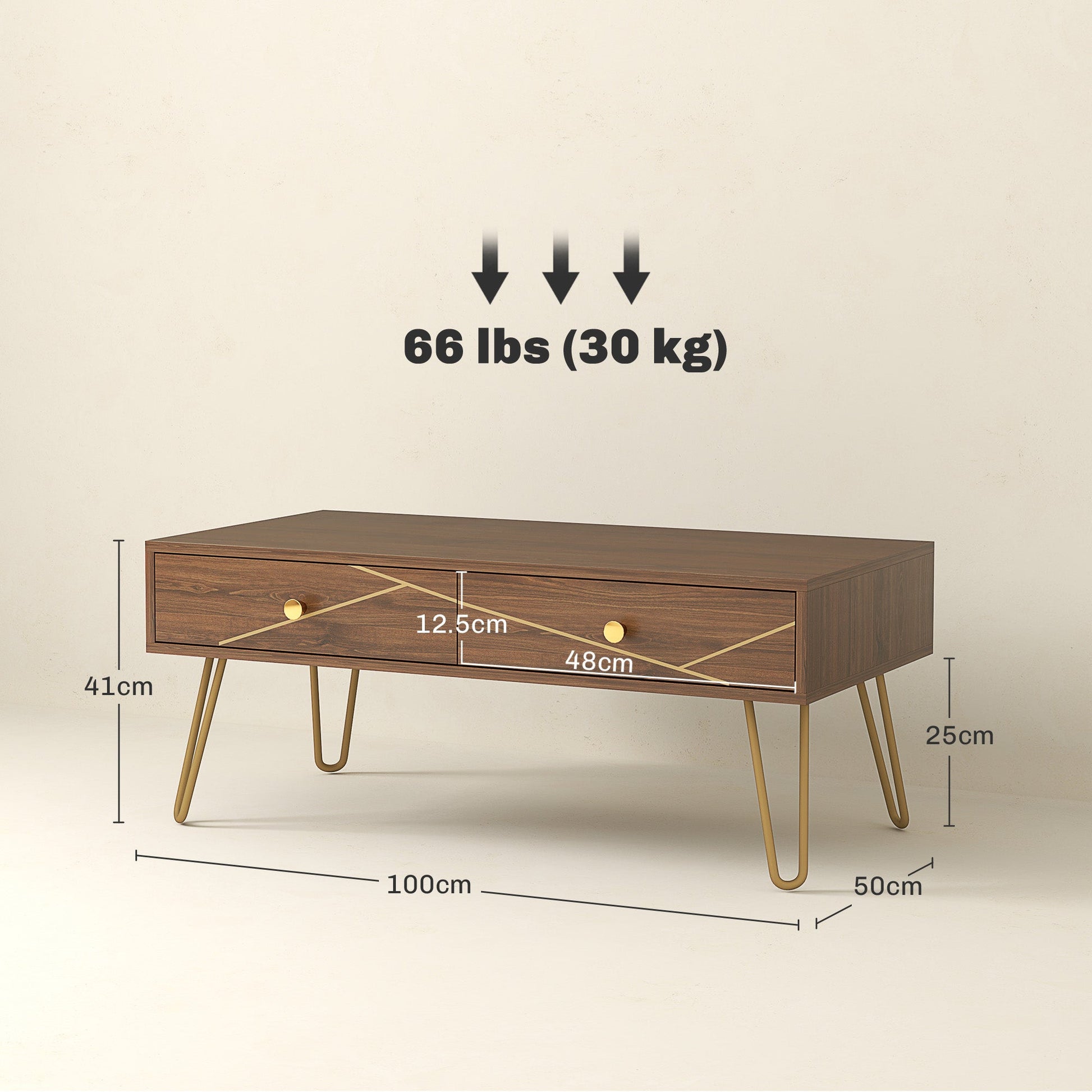 Coffee Table with Storage, Living Room Table with Drawers, Rectangular Tea Table with Steel Base for Home, 100 x 50 x 41 cm, Brown-2