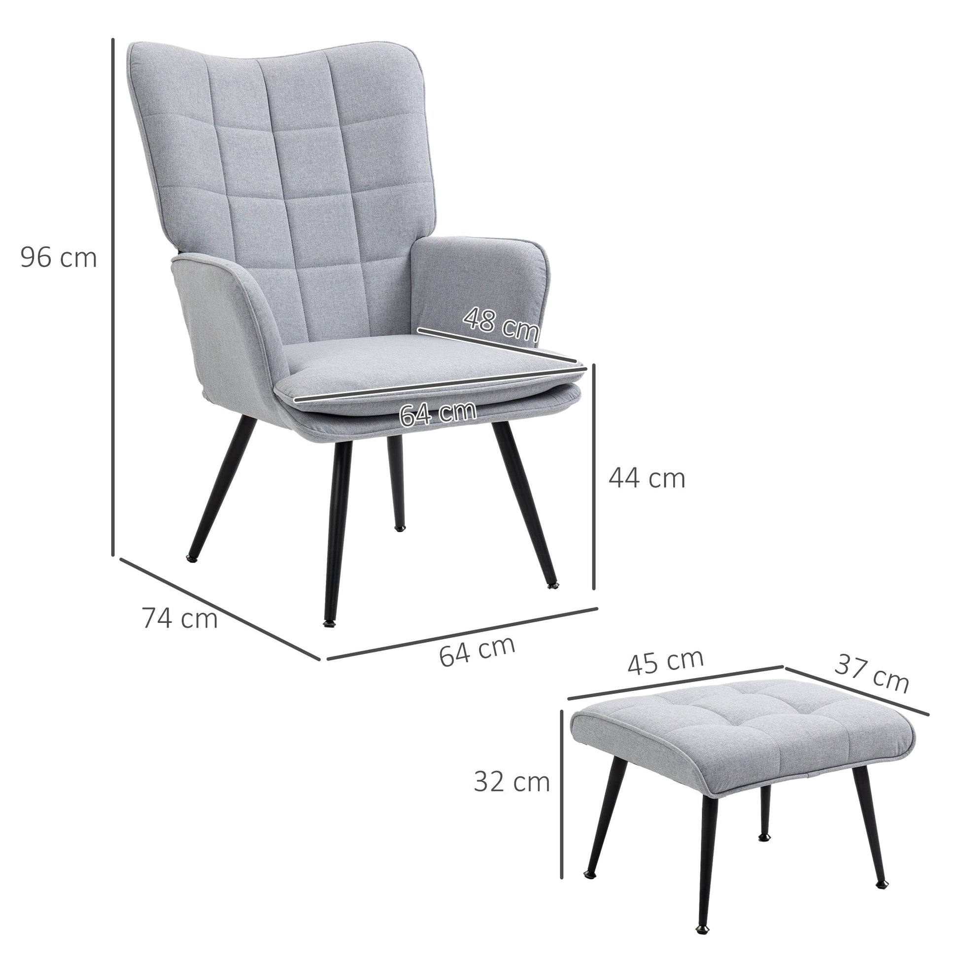 Comfortable Linen Wingback Armchair with Footstool - Light Grey-2