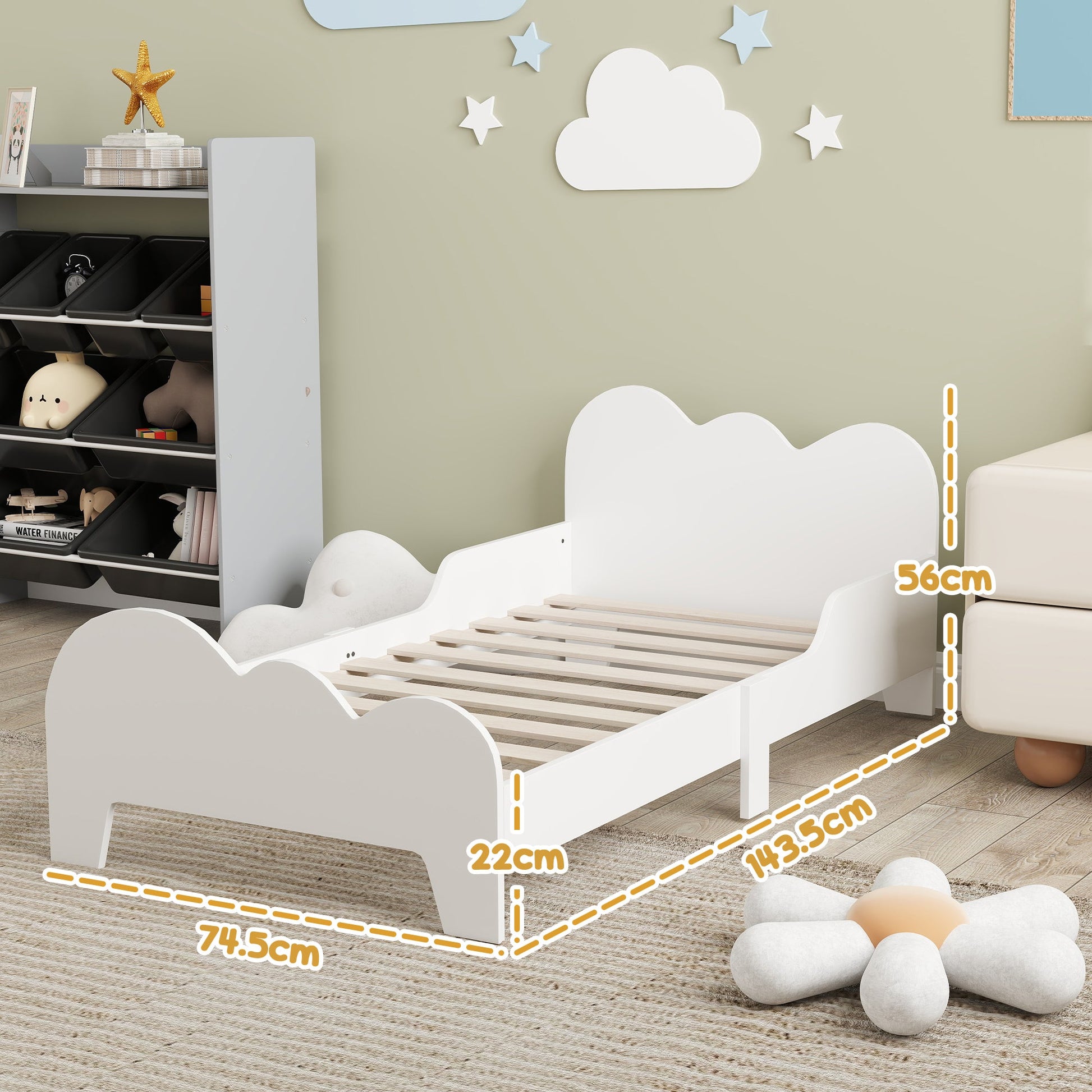 Cloud-Themed Toddler Bed Frame with Safety Rails, 143.5 x 74.5 x 56cm-2
