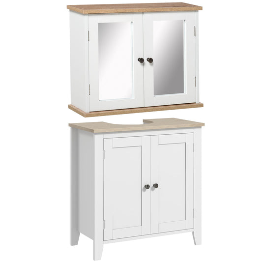 Bathroom Furniture Set, Mirror Cabinet Wall Mounted with Adjustable Shelf, Bathroom Sink Cabinet with Storage, White and Wood Grain-0
