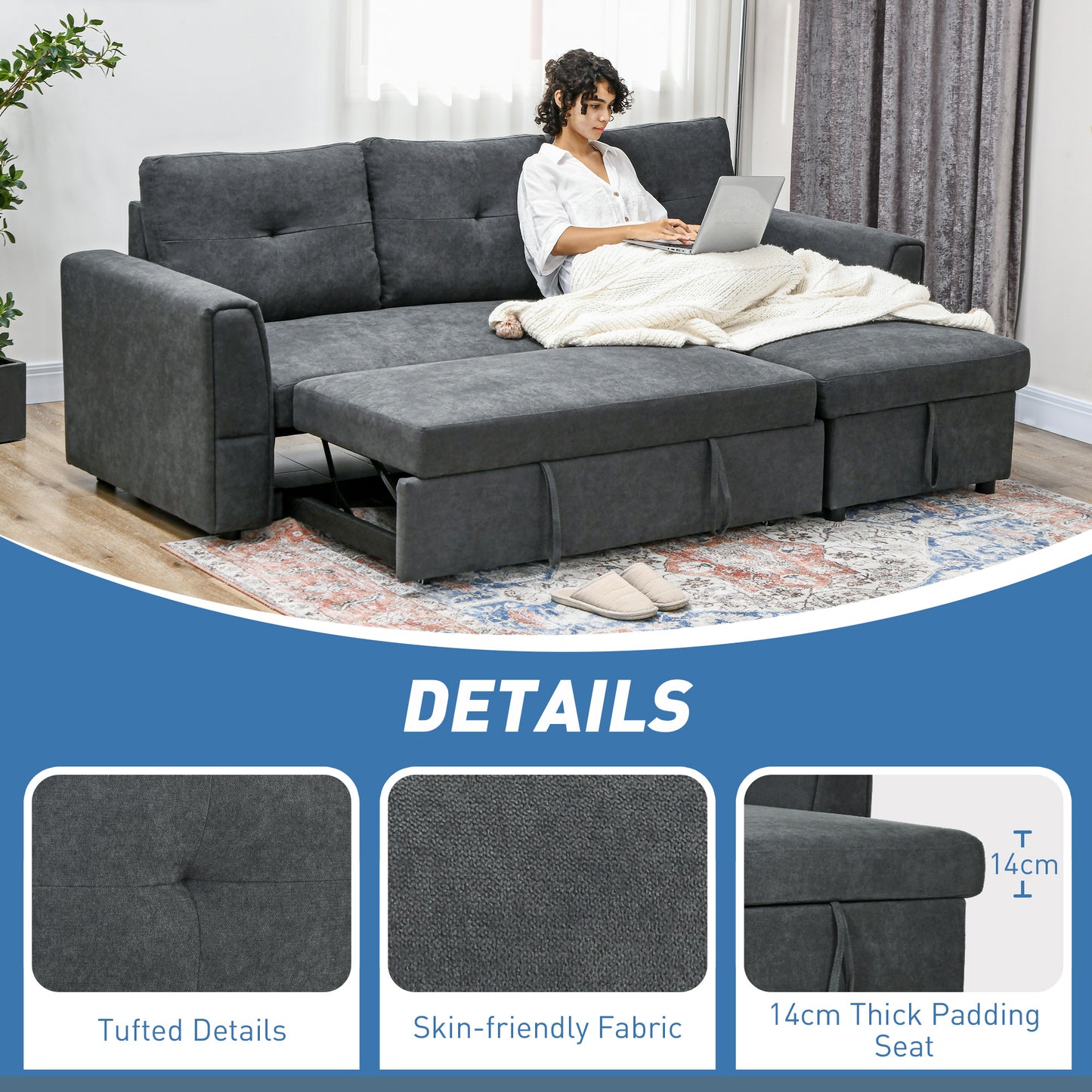 HOMCOM 3 Seater Sofa Bed, L-Shaped Corner Sofa, Pull Out Sofa with Storage, Convertible Click Clack Settee Sectional Sleeper Futon in Dark Grey