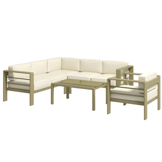 Outsunny 5 Piece Garden Sofa Set with Cushions, Aluminium with Glass Top Coffee Table, Patio Sectional Furniture Set, for Patio & Deck, Gold Tone