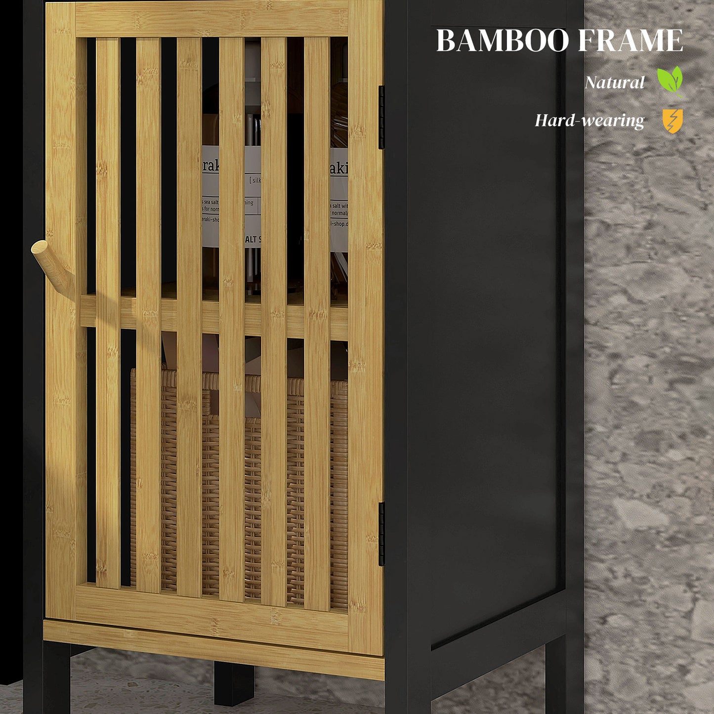 Slim Bathroom Storage Cabinet, Small Bamboo Bathroom Cabinet with Open Compartment and Adjustable Shelf, Black | HOMCOM-3