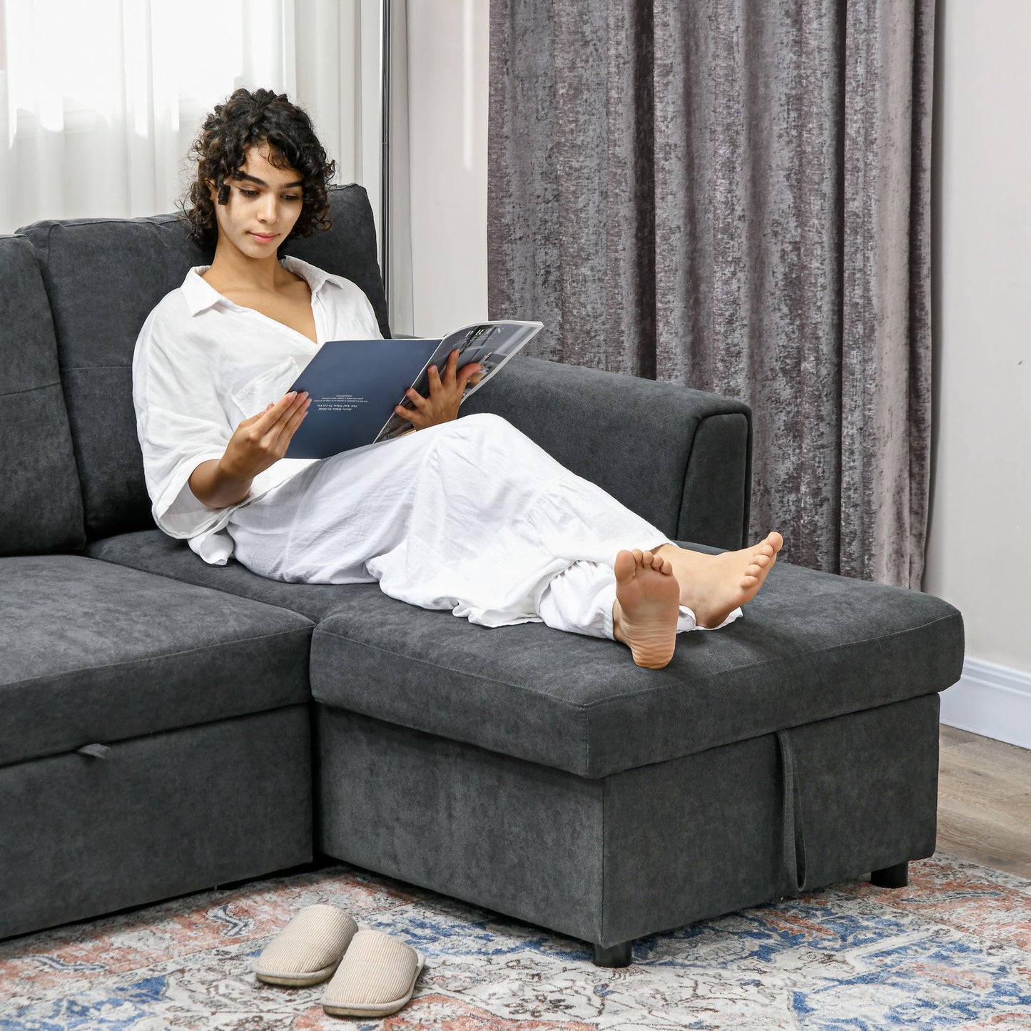 HOMCOM 3 Seater Sofa Bed, L-Shaped Corner Sofa, Pull Out Sofa with Storage, Convertible Click Clack Settee Sectional Sleeper Futon in Dark Grey