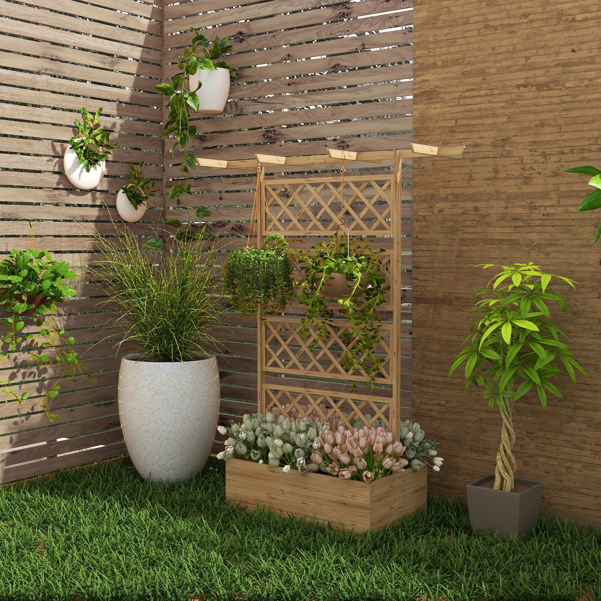 Wooden Raised Garden Bed with Trellis and Roof - Natural Tone-1