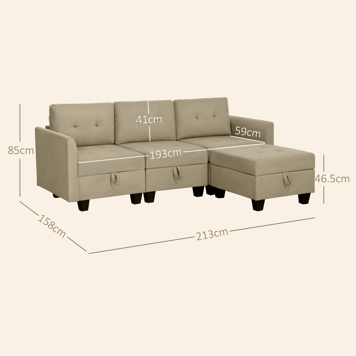 HOMCOM Convertible Modular Sectional Sofa with Storage, 3 Seater Sofa Set, L Shaped Sofa Couch with Ottoman, Wood Frame for Living Room, Light Brown