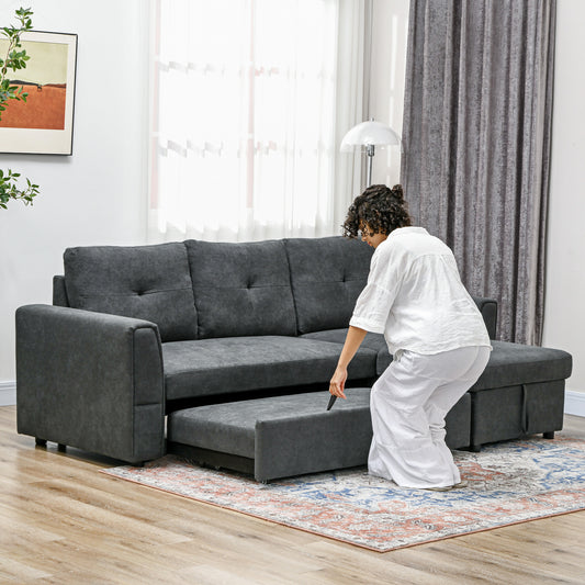 HOMCOM 3 Seater Sofa Bed, L-Shaped Corner Sofa, Pull Out Sofa with Storage, Convertible Click Clack Settee Sectional Sleeper Futon in Dark Grey