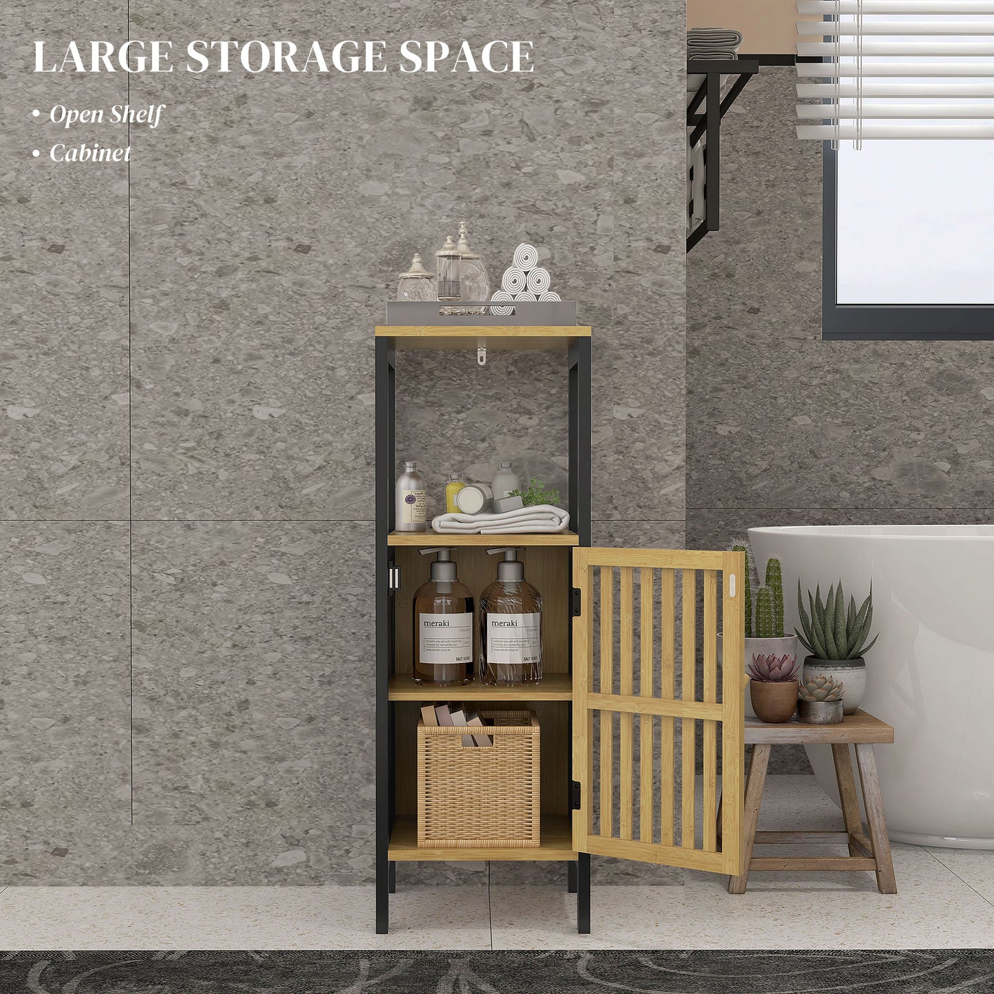 Slim Bathroom Storage Cabinet, Small Bamboo Bathroom Cabinet with Open Compartment and Adjustable Shelf, Black | HOMCOM-2
