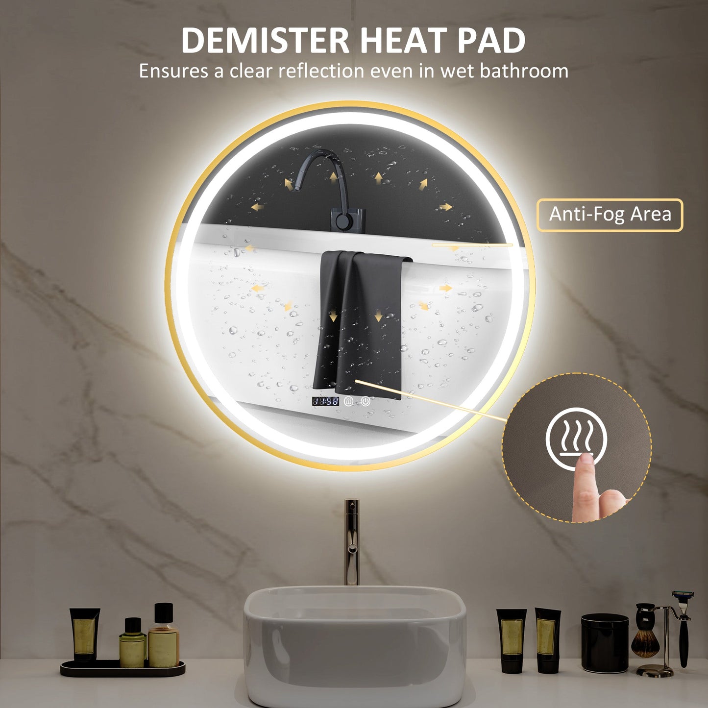 80cm Anti-Fog LED Bathroom Mirror - Gold Tone-4