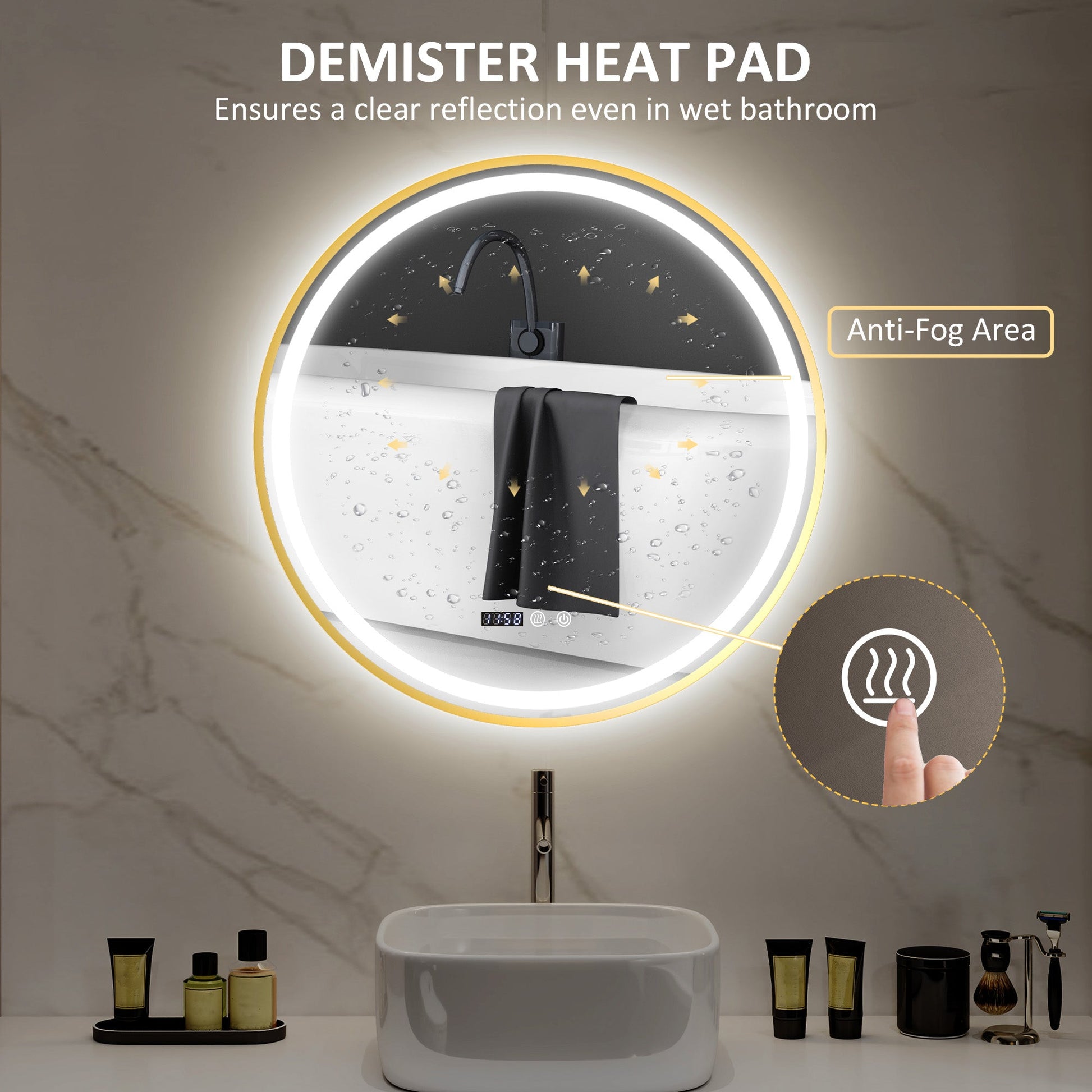 80cm Anti-Fog LED Bathroom Mirror - Gold Tone-4