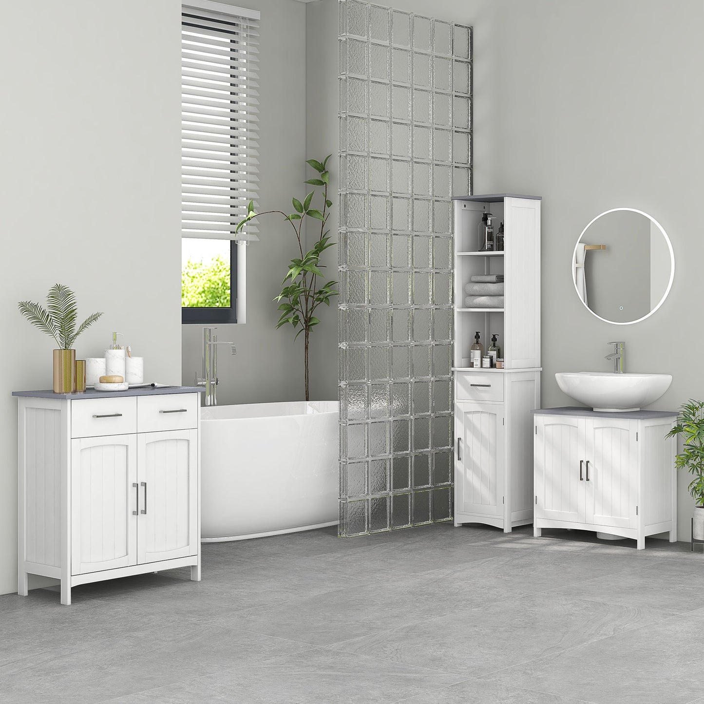 Bathroom Furniture Set with Adjustable Shelves, Tall Bathroom Storage Cabinet with Open Shelves, Bathroom Floor Cabinet with Drawers, Pedestal Sink Cabinet, White-1