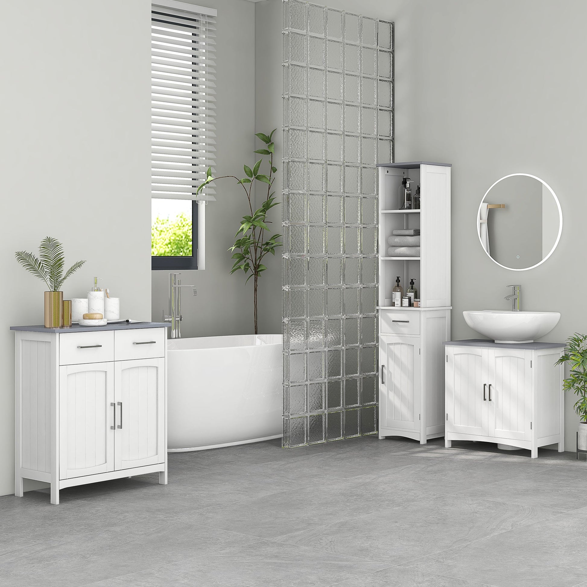 Bathroom Furniture Set with Adjustable Shelves, Tall Bathroom Storage Cabinet with Open Shelves, Bathroom Floor Cabinet with Drawers, Pedestal Sink Cabinet, White-1
