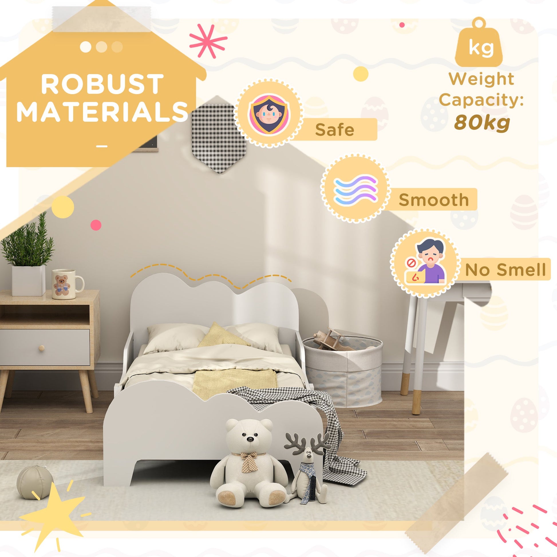 Cloud-Themed Toddler Bed Frame with Safety Rails, 143.5 x 74.5 x 56cm-4