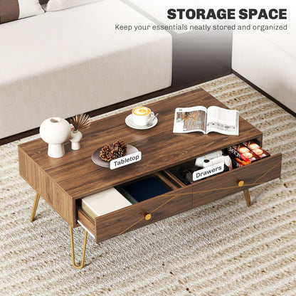 Coffee Table with Storage, Living Room Table with Drawers, Rectangular Tea Table with Steel Base for Home, 100 x 50 x 41 cm, Brown-4