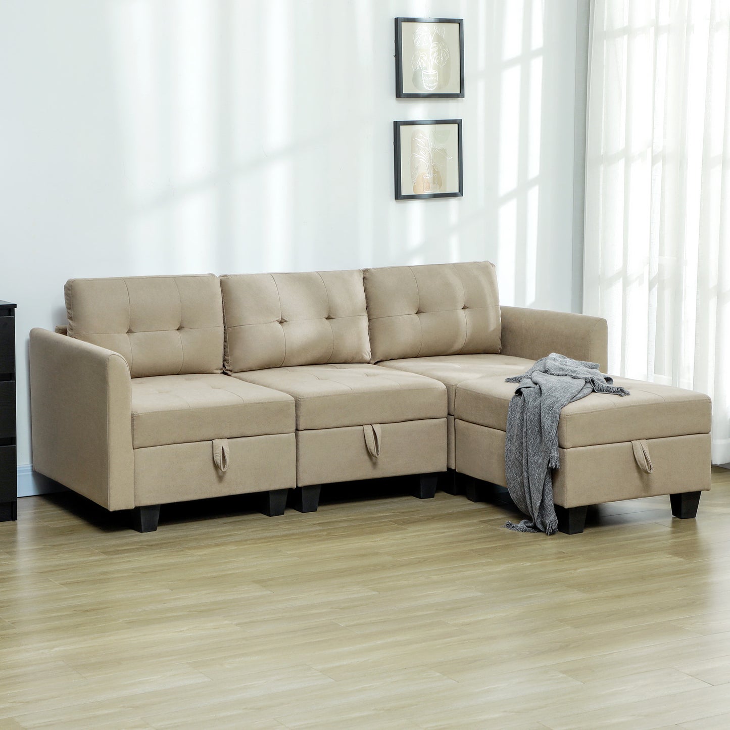 HOMCOM Convertible Modular Sectional Sofa with Storage, 3 Seater Sofa Set, L Shaped Sofa Couch with Ottoman, Wood Frame for Living Room, Light Brown