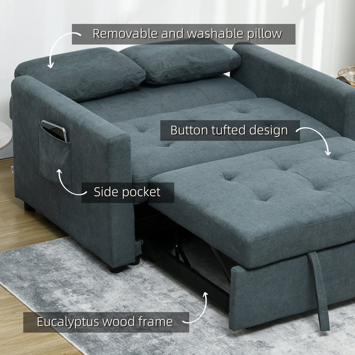 Living Room Loveseat Sofa Bed, Convertible Bed Settee with 2 Cushions, Side Pockets, Charcoal Grey by HOMCOM