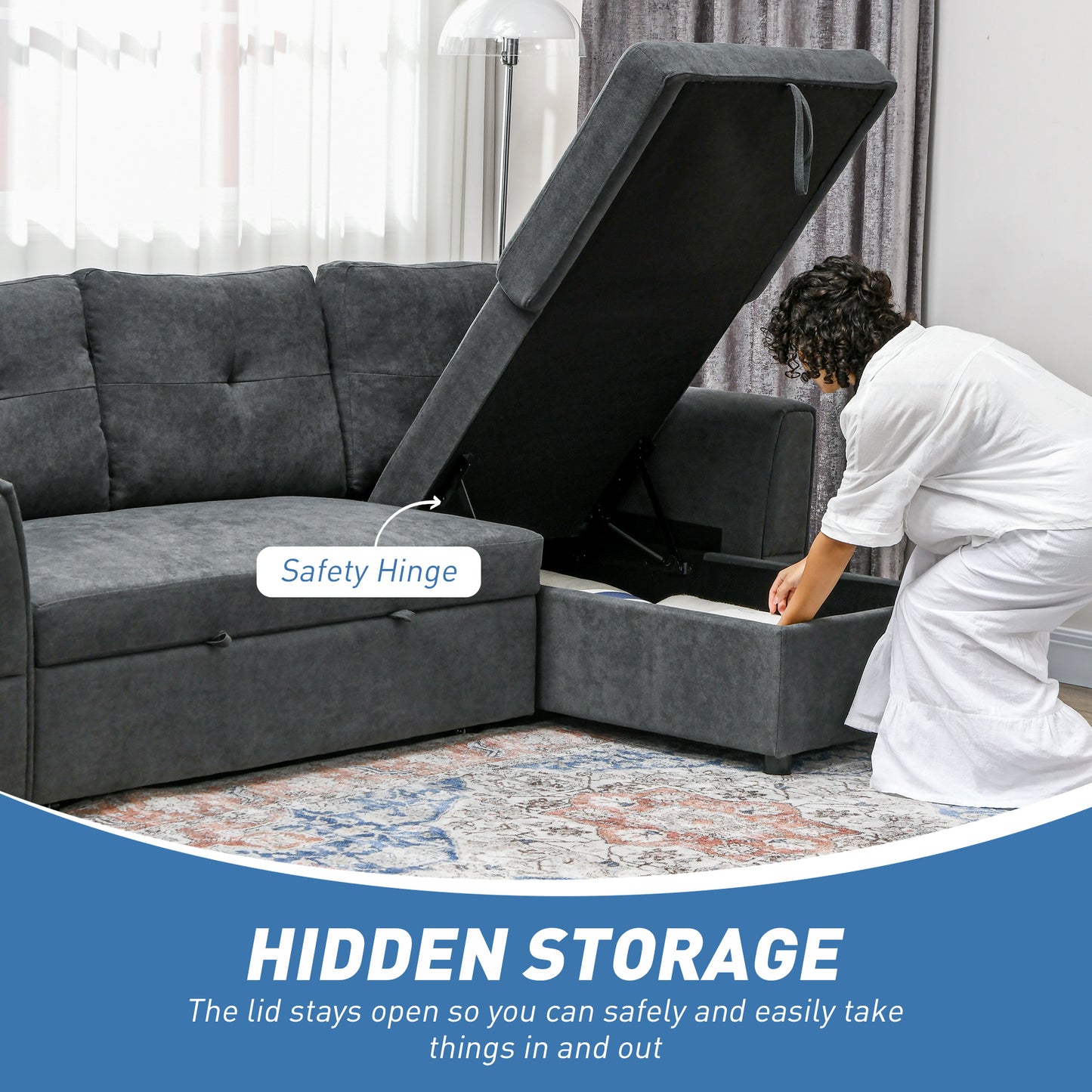 HOMCOM 3 Seater Sofa Bed, L-Shaped Corner Sofa, Pull Out Sofa with Storage, Convertible Click Clack Settee Sectional Sleeper Futon in Dark Grey