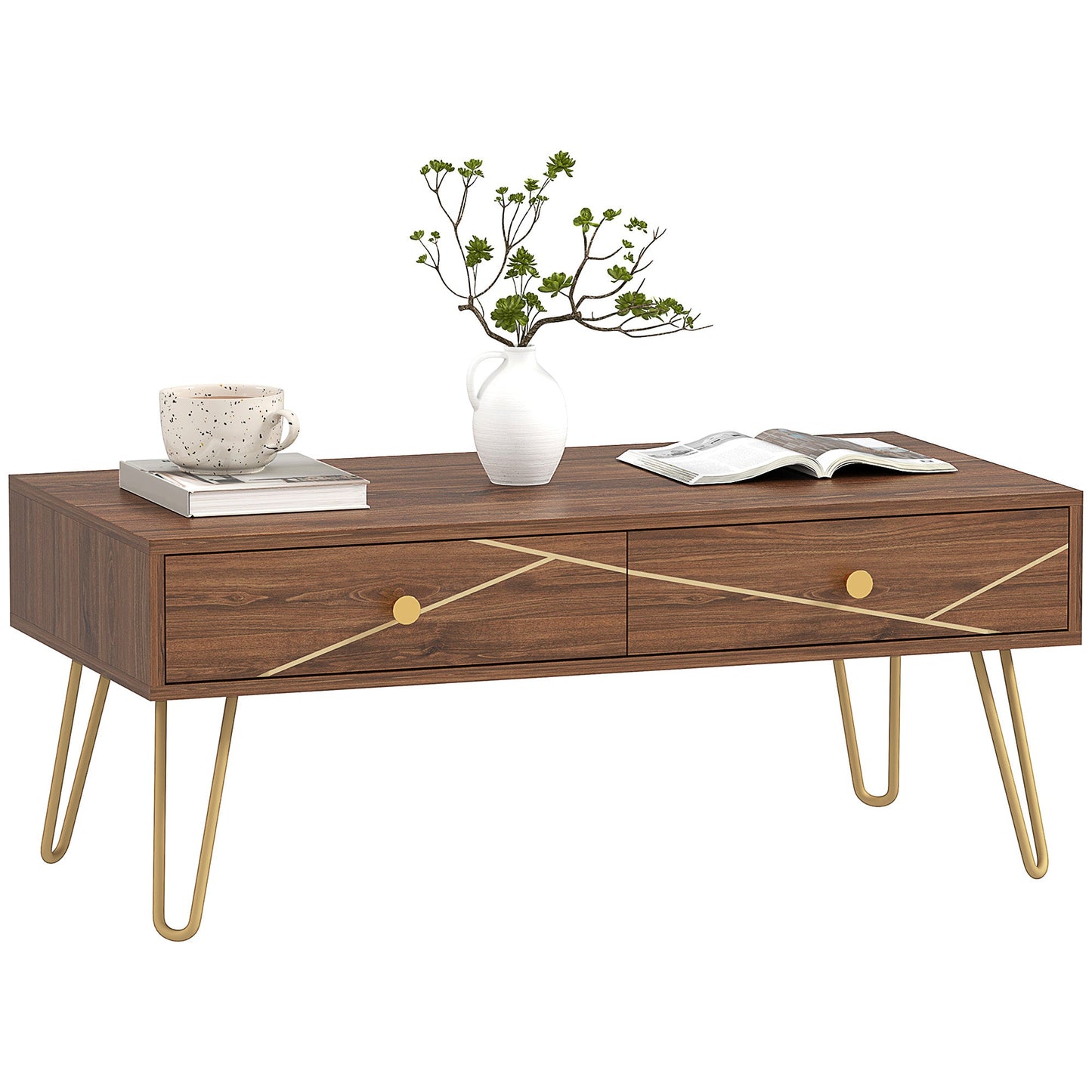 Coffee Table with Storage, Living Room Table with Drawers, Rectangular Tea Table with Steel Base for Home, 100 x 50 x 41 cm, Brown-0