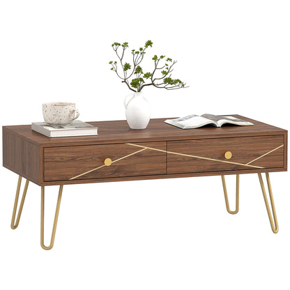 Coffee Table with Storage, Living Room Table with Drawers, Rectangular Tea Table with Steel Base for Home, 100 x 50 x 41 cm, Brown-0