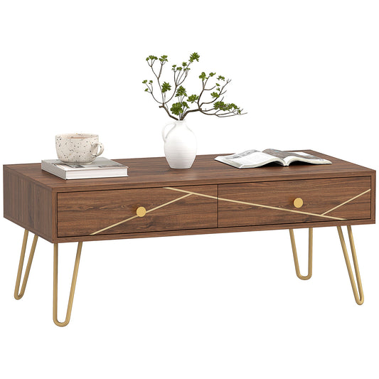 Coffee Table with Storage, Living Room Table with Drawers, Rectangular Tea Table with Steel Base for Home, 100 x 50 x 41 cm, Brown-0