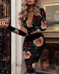 Spring Autumn New Women's Dress Sexy Deep V Fashion Wrinkle Glitter Long Sleeve Slim Fit Hip Wrapping Knee Length Long Dress
