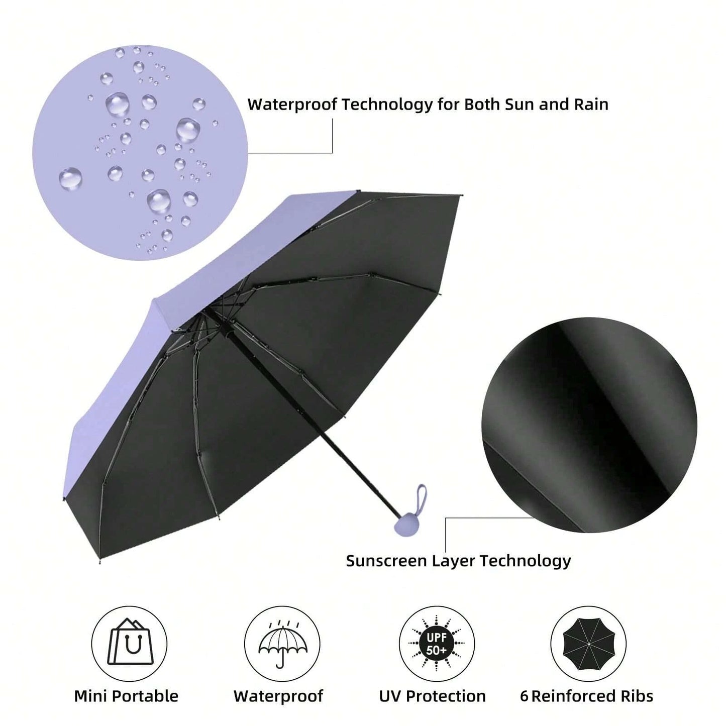 Mini Umbrella For Sunny And Rainy Days, Portable With Uv Coating And 6 Reinforced Ribs