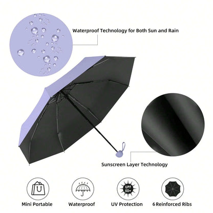 Mini Umbrella For Sunny And Rainy Days, Portable With Uv Coating And 6 Reinforced Ribs