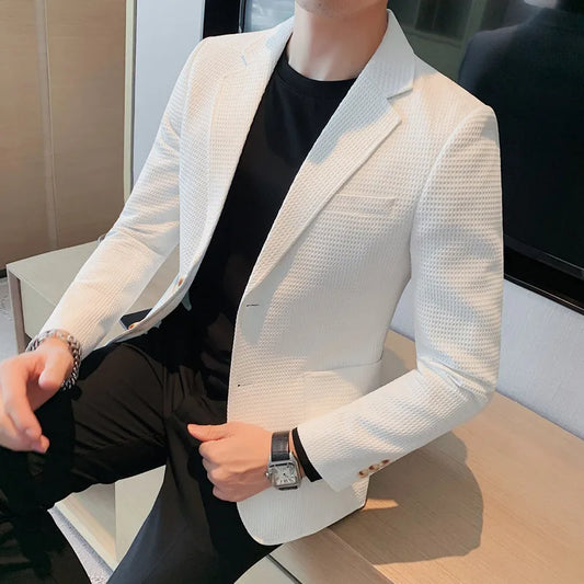 Blazer Hombre Big Size Autumn Winter Waffle Blazers Jacket For Men High Quality Single Breasted Slim Fit Casual Formal Suit Coat