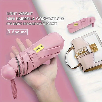 Mini Umbrella For Sunny And Rainy Days, Portable With Uv Coating And 6 Reinforced Ribs