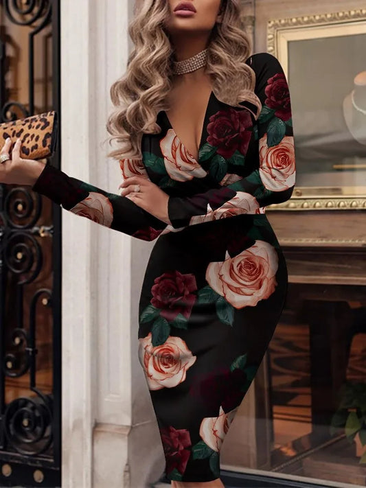 Spring Autumn New Women's Dress Sexy Deep V Fashion Wrinkle Glitter Long Sleeve Slim Fit Hip Wrapping Knee Length Long Dress