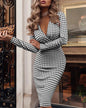 Spring Autumn New Women's Dress Sexy Deep V Fashion Wrinkle Glitter Long Sleeve Slim Fit Hip Wrapping Knee Length Long Dress