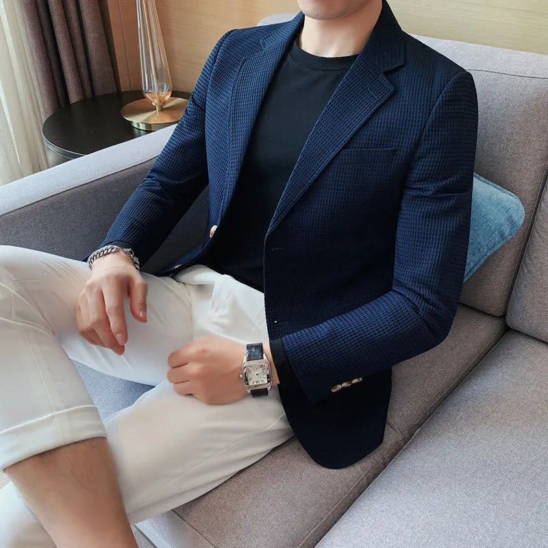 Blazer Hombre Big Size Autumn Winter Waffle Blazers Jacket For Men High Quality Single Breasted Slim Fit Casual Formal Suit Coat
