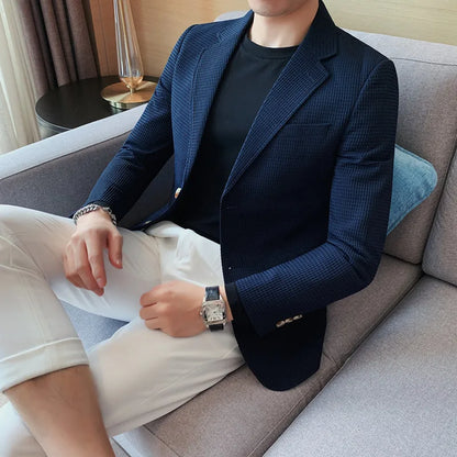 Blazer Hombre Big Size Autumn Winter Waffle Blazers Jacket For Men High Quality Single Breasted Slim Fit Casual Formal Suit Coat